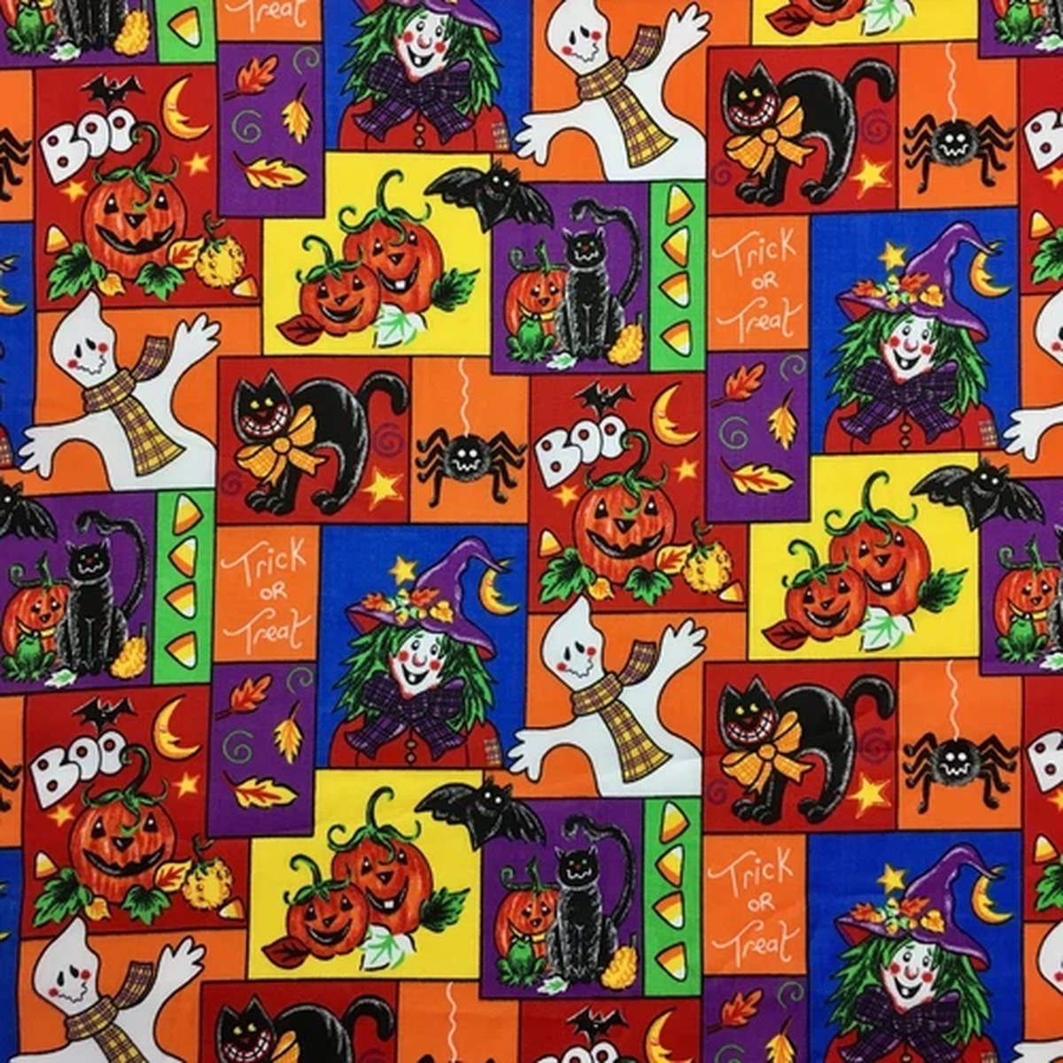 1/2 M Halloween Fabric Trick or Treat Patchwork Multicolour Cat Pumpkin