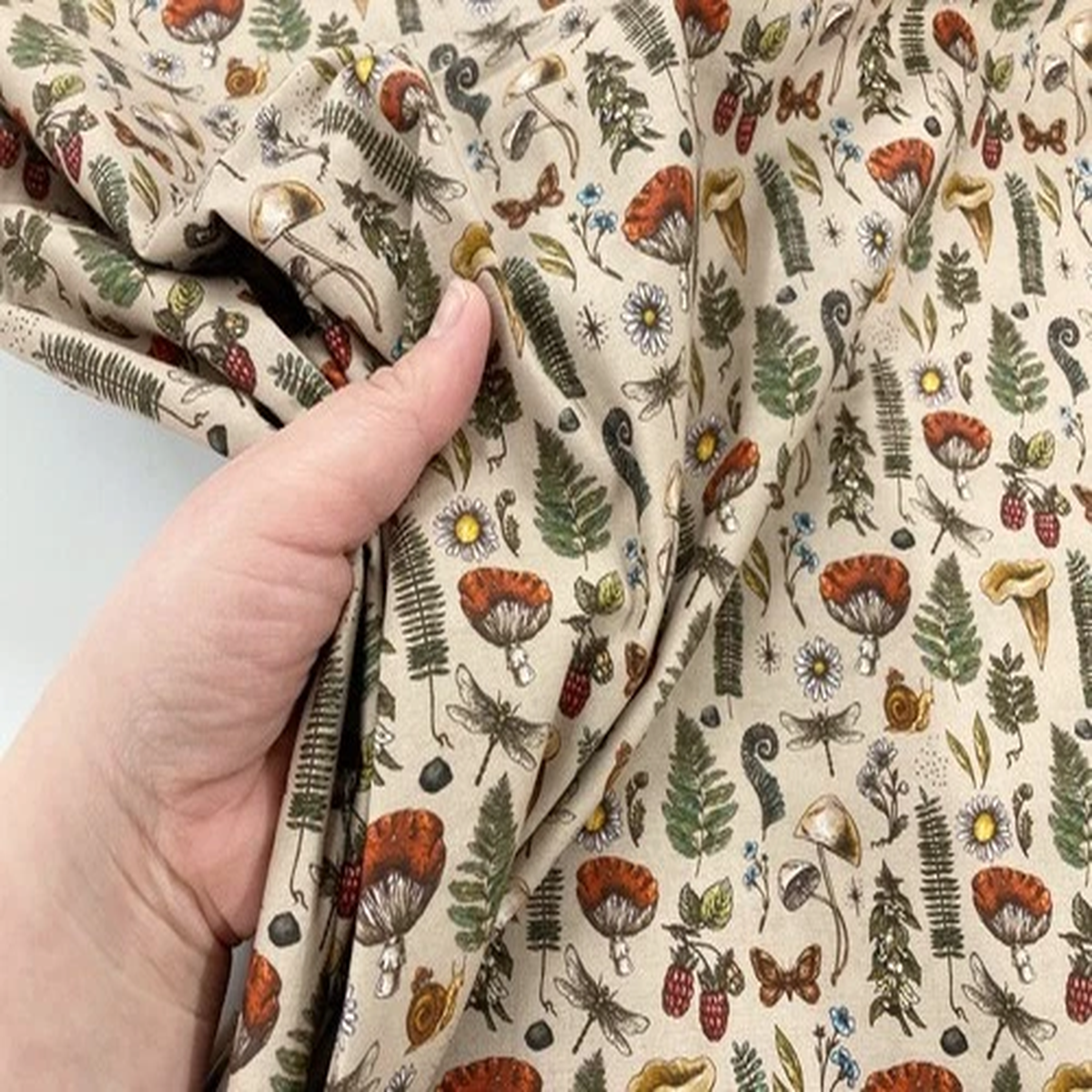 Autumn Mushroom Cotton Fabric Fungi Woodland Foraging for Dressmaking