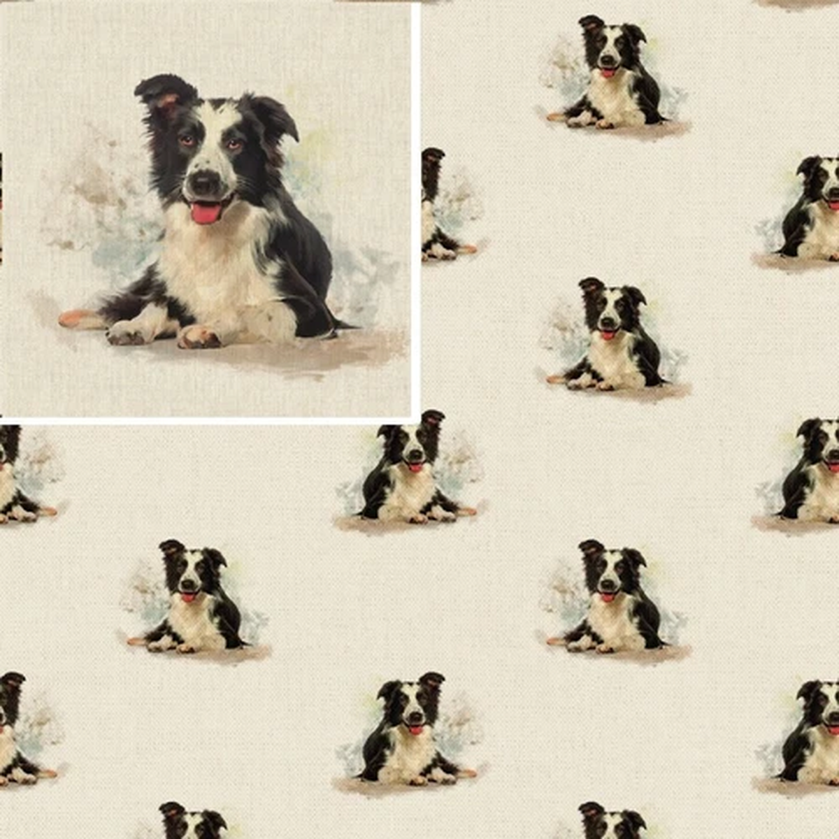 Cotton Rich Linen Look Fabric Border Collie Dog Or Panel Upholstery