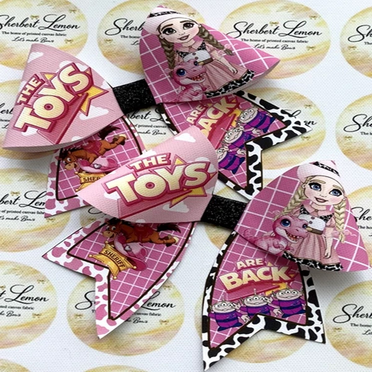 "TOYLAND" PINK CHEER BOW PRINTED CANVAS FABRIC BOW TEMPLATES TO MAKE HAIR BOWS
