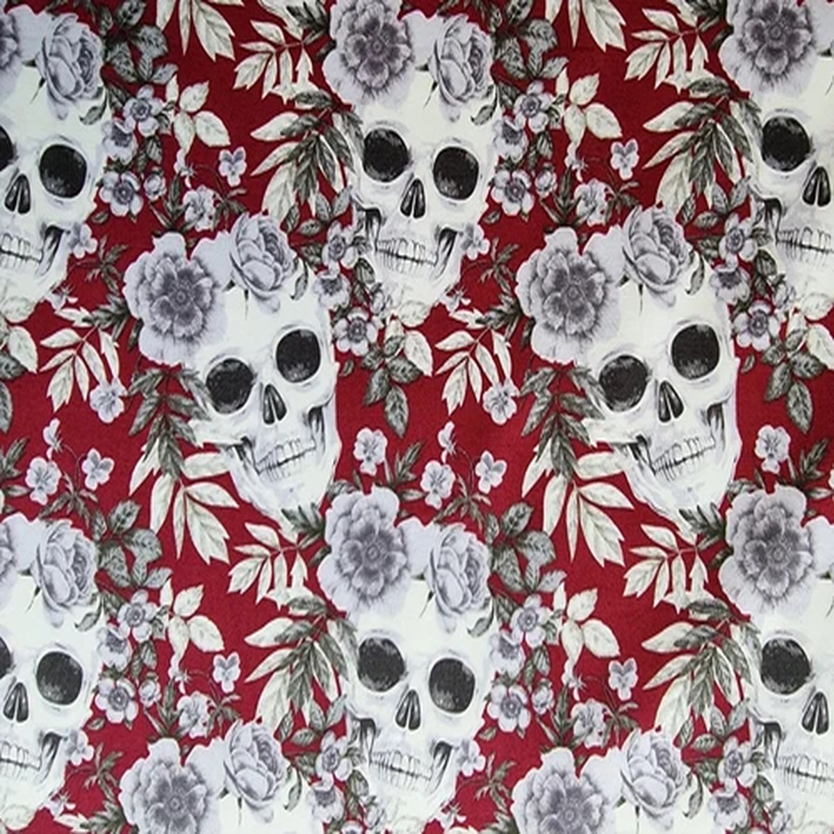 1 metre Maroon Skull & Roses 100% Cotton Poplin Fabric.