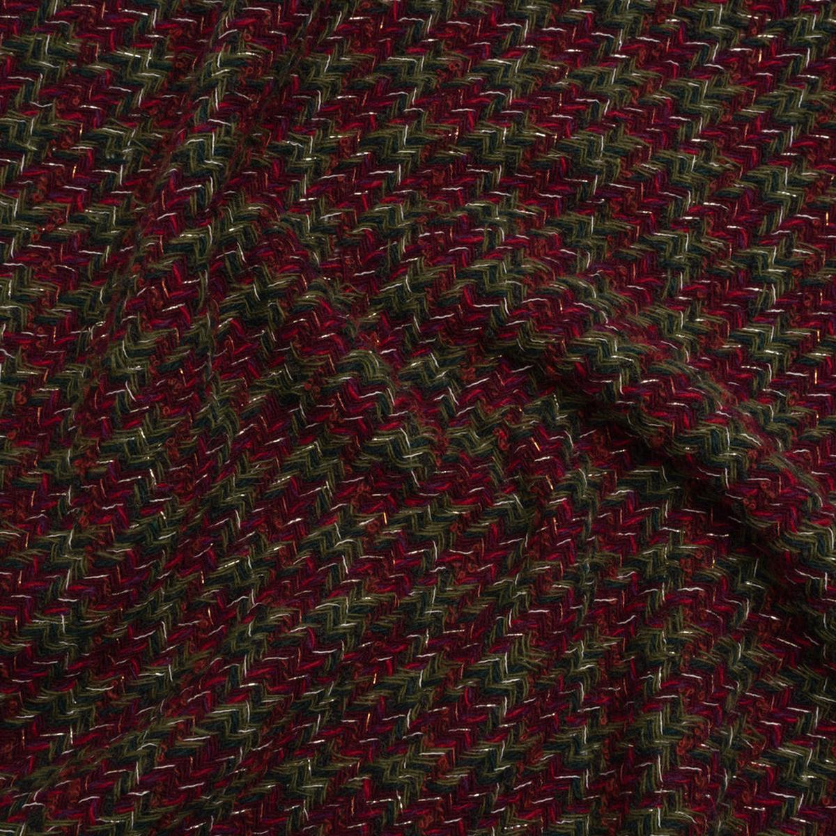 Metallic Wool Blend Tweed Twill Made in Italy - Olive Green, Dark Red and Gold Checks