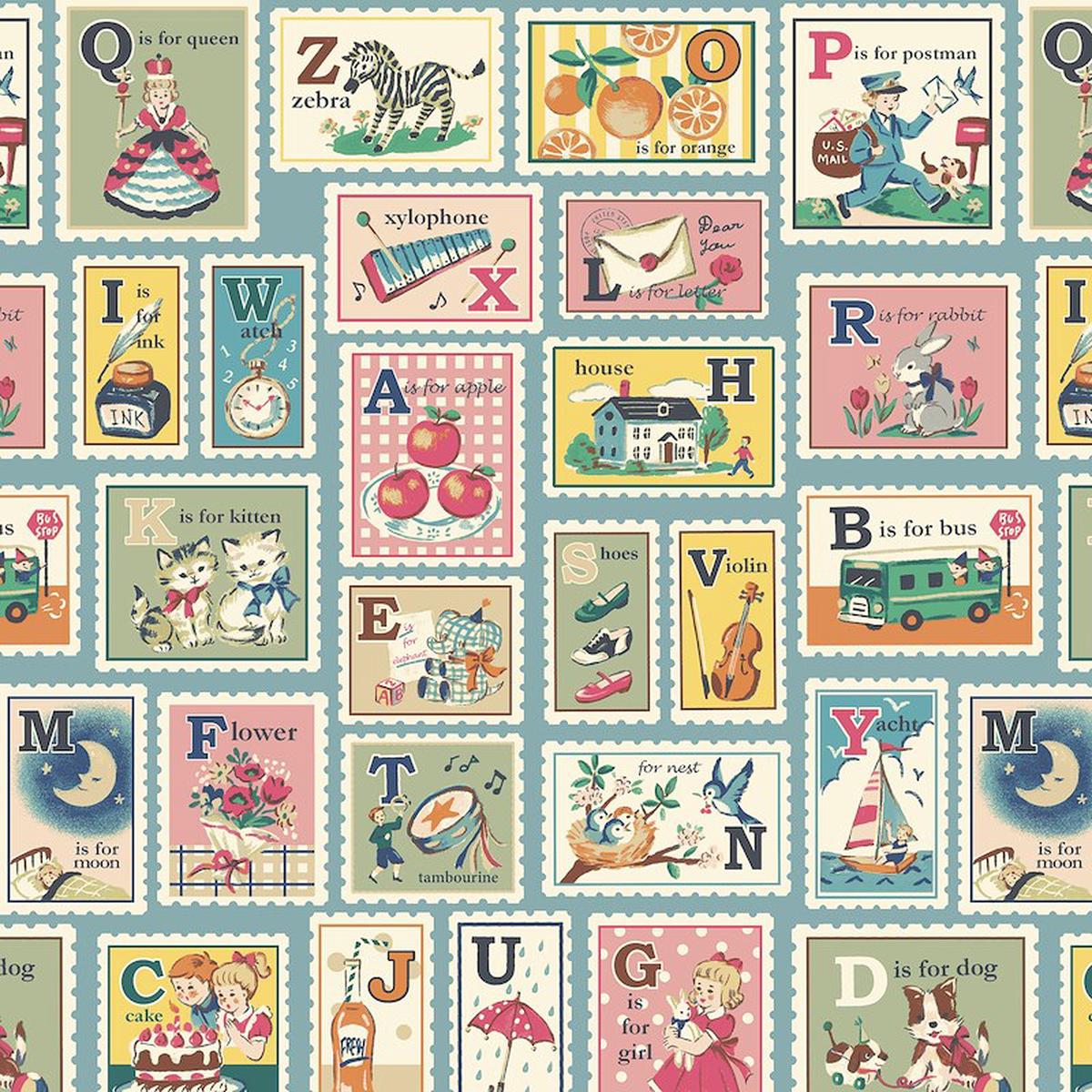 Hello Stamps Blue 011C by Cosmo Textiles (sold in 25cm increments)