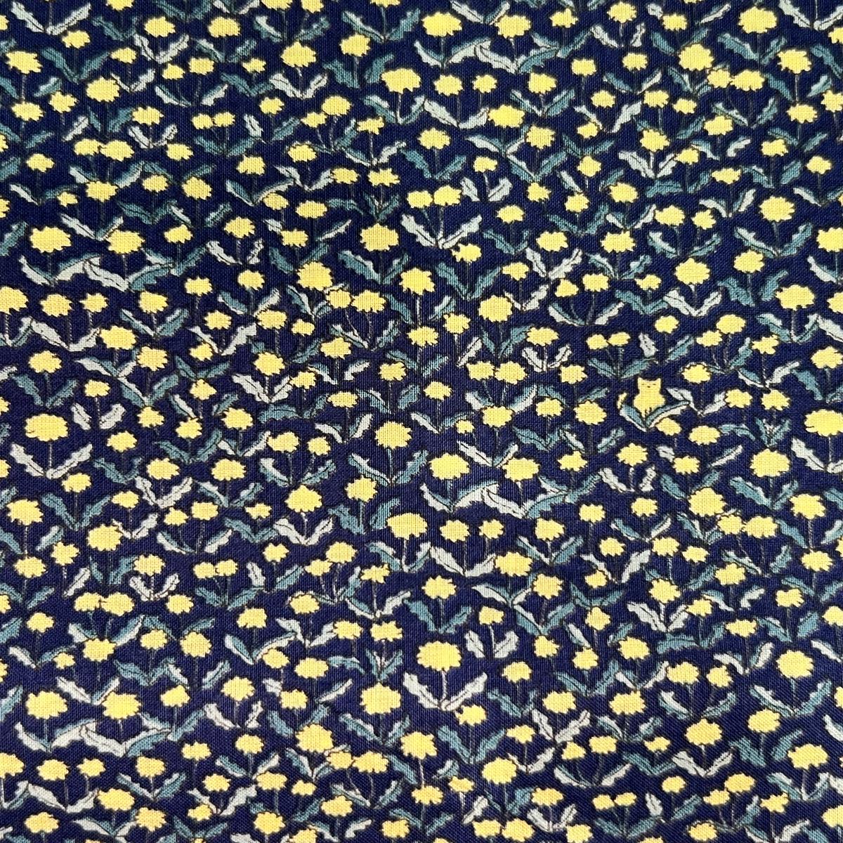Yellow Flowers & Mini Cats on Navy Lawn Fabric by Hokkoh (sold in 25cm increments)